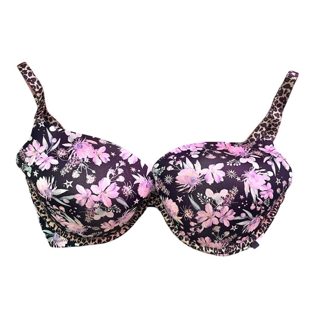 Victoria’s Secret Push Up Bra Wired Black Floral Leopard Trim Padded 34DDD